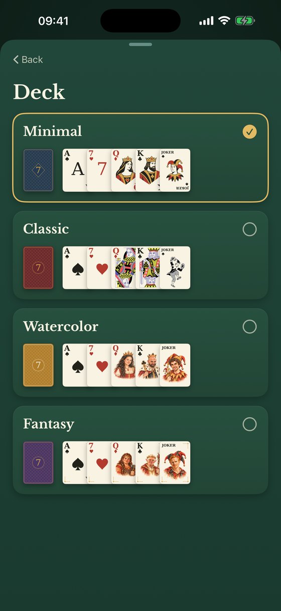 The deck picker showing Minimal, Classic, Watercolor and Fantasy