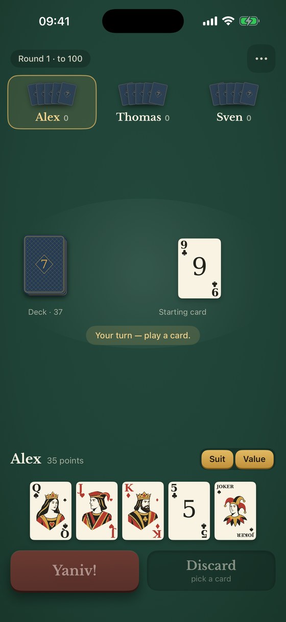 A game in progress with a hand of five cards