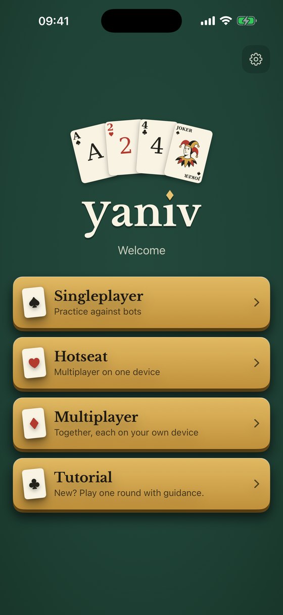 The Yaniv home screen with Singleplayer, Hotseat, Multiplayer and Tutorial